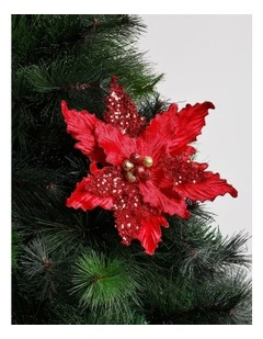 Luxe Christmas Sequin Velvet Poinsettia Clip with Bells 22.5cm in Red