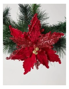 Heirloom Christmas Sequin Velvet Poinsettia Clip with Bells 22.5cm in Red