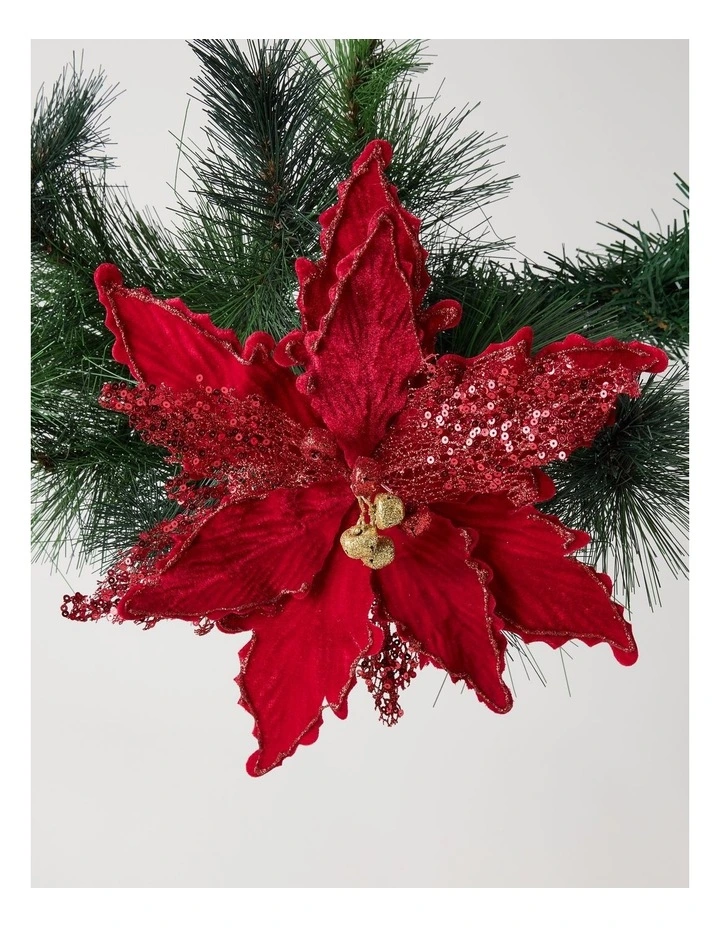 Heirloom Christmas Sequin Velvet Poinsettia Clip with Bells 22.5cm in Red image 1