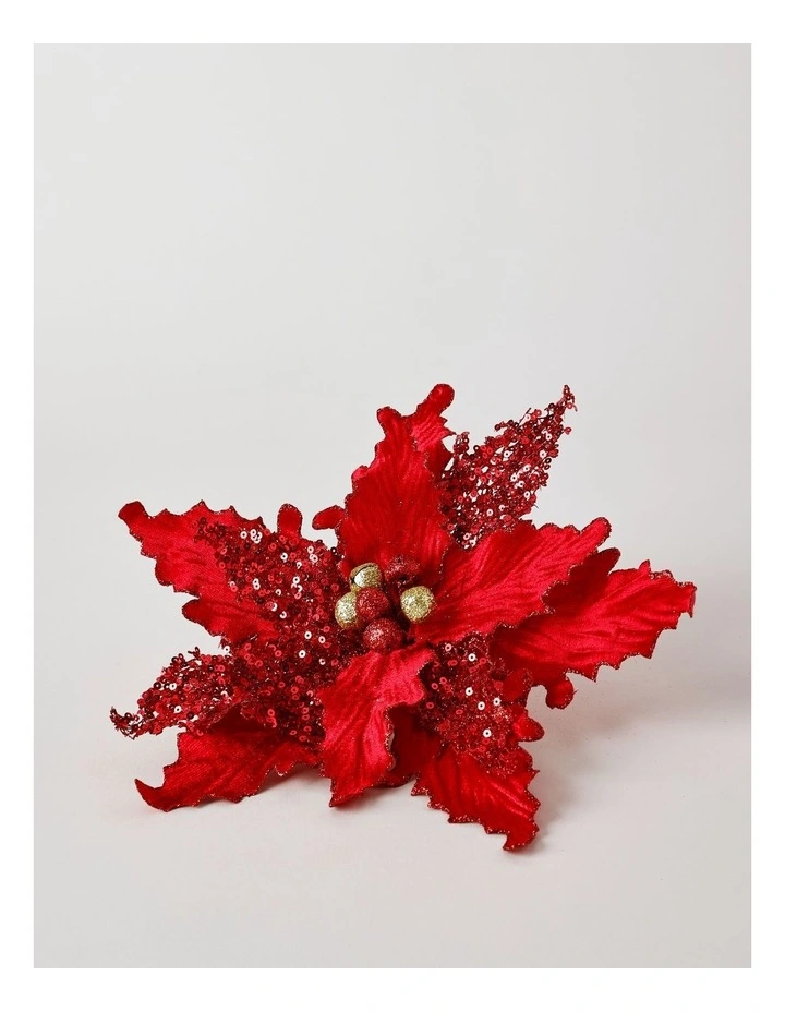 Luxe Christmas Sequin Velvet Poinsettia Clip with Bells 22.5cm in Red image 2