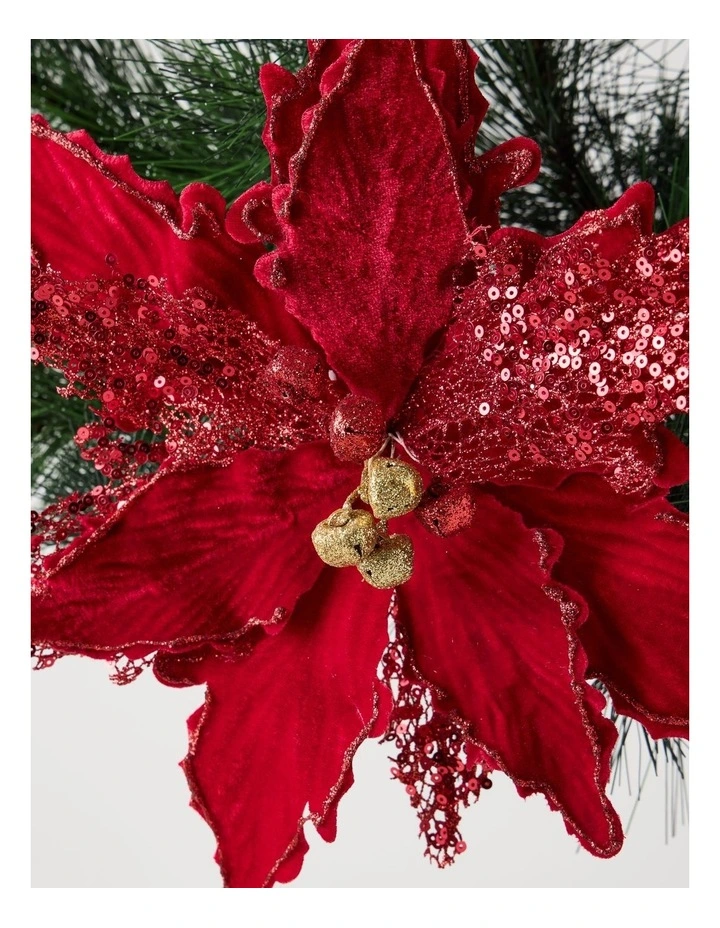 Heirloom Christmas Sequin Velvet Poinsettia Clip with Bells 22.5cm in Red image 2