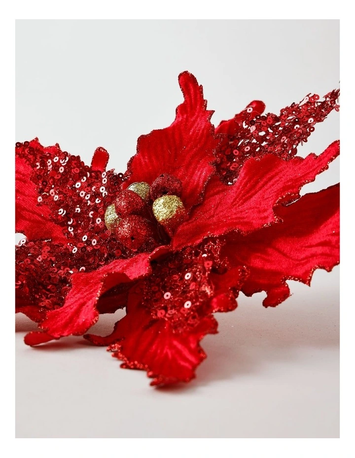 Luxe Christmas Sequin Velvet Poinsettia Clip with Bells 22.5cm in Red image 3