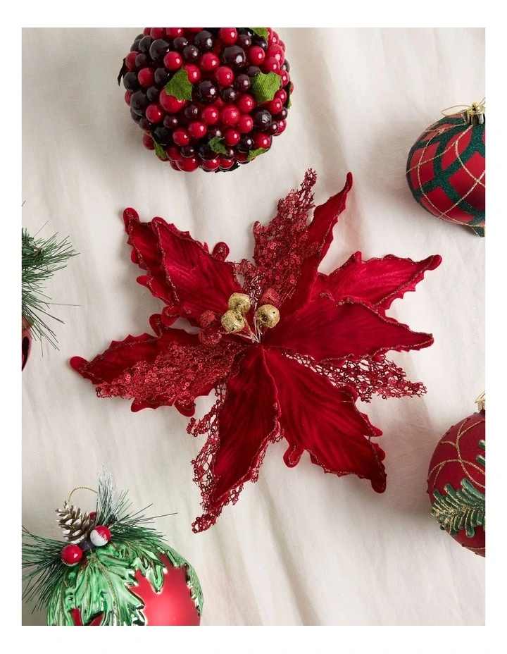 Heirloom Christmas Sequin Velvet Poinsettia Clip with Bells 22.5cm in Red image 3
