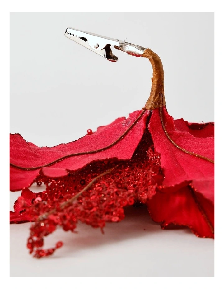 Luxe Christmas Sequin Velvet Poinsettia Clip with Bells 22.5cm in Red image 4