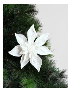 Luxe Christmas Foiled Faux Poinsettia Clip with Pearls 24cm in White