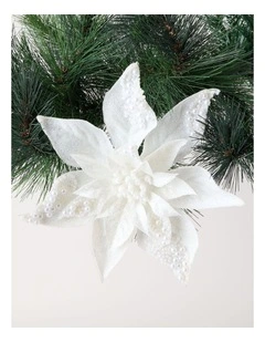 Luxe Christmas Foiled Faux Poinsettia Clip with Pearls 24cm in White