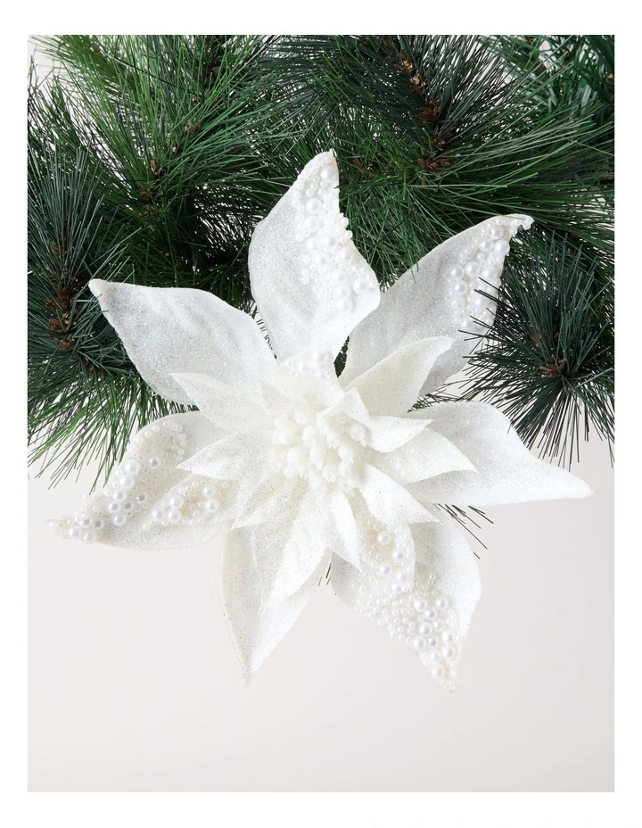 Luxe Christmas Foiled Faux Poinsettia Clip with Pearls 24cm in White image 1