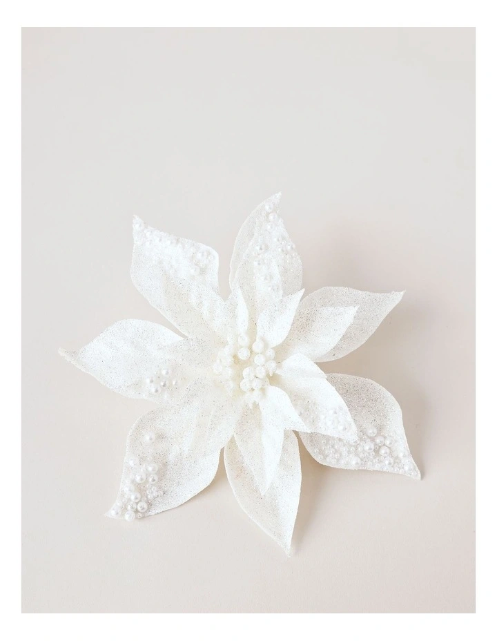 Luxe Christmas Foiled Faux Poinsettia Clip with Pearls 24cm in White image 2