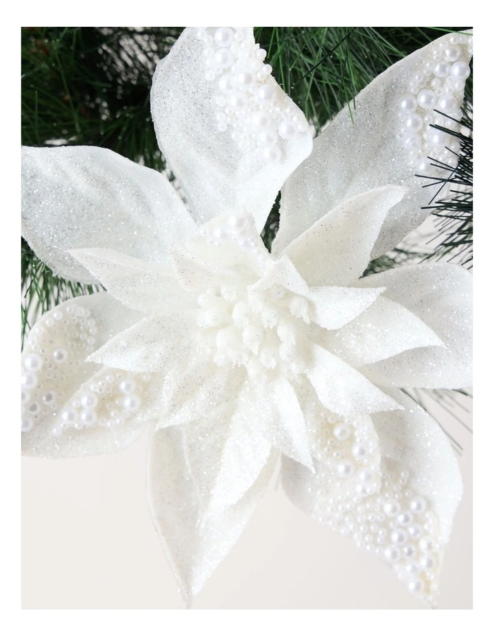 Luxe Christmas Foiled Faux Poinsettia Clip with Pearls 24cm in White image 2