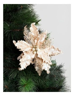 Luxe Christmas Sequin Velvet Poinsettia Clip with Bells 22.5cm in Champagne