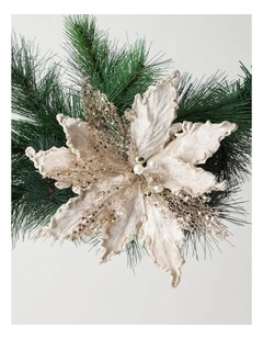 Luxe Christmas Sequin Velvet Poinsettia Clip with Bells 22.5cm in Champagne