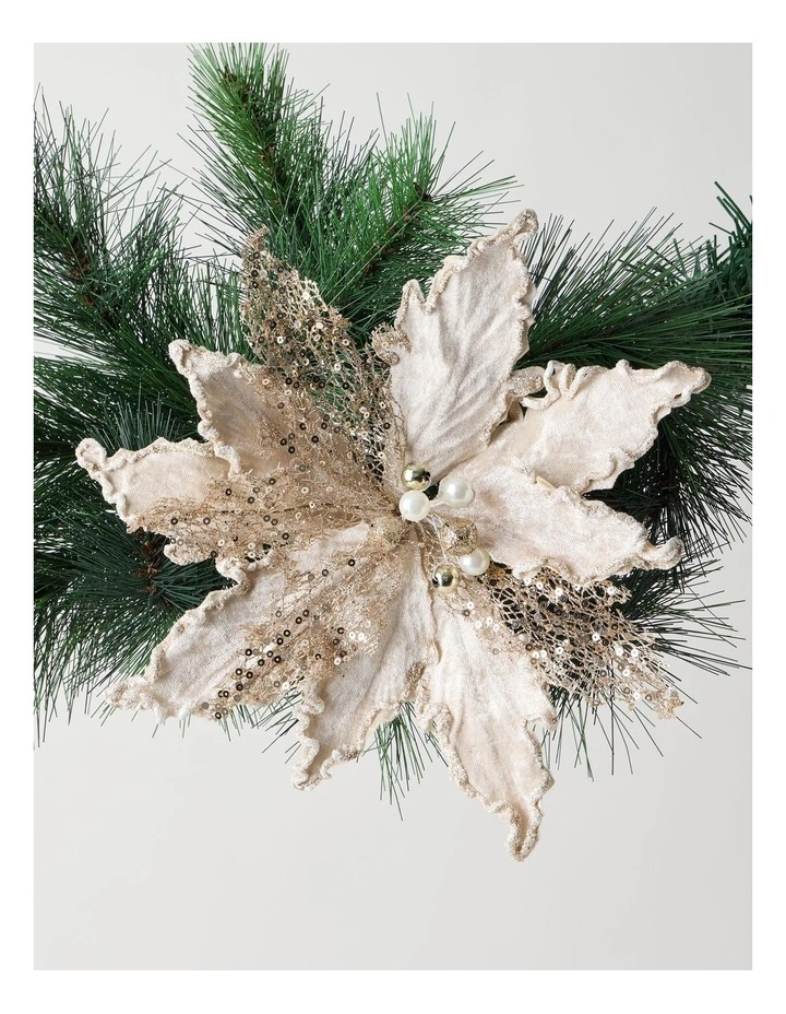 Luxe Christmas Sequin Velvet Poinsettia Clip with Bells 22.5cm in Champagne image 1