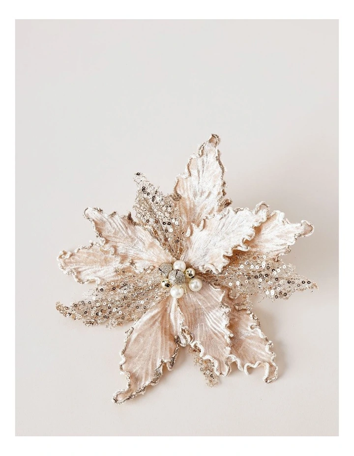 Luxe Christmas Sequin Velvet Poinsettia Clip with Bells 22.5cm in Champagne image 2