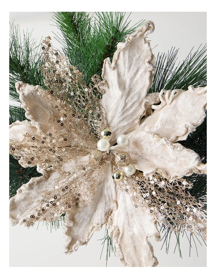 Luxe Christmas Sequin Velvet Poinsettia Clip with Bells 22.5cm in Champagne image 2