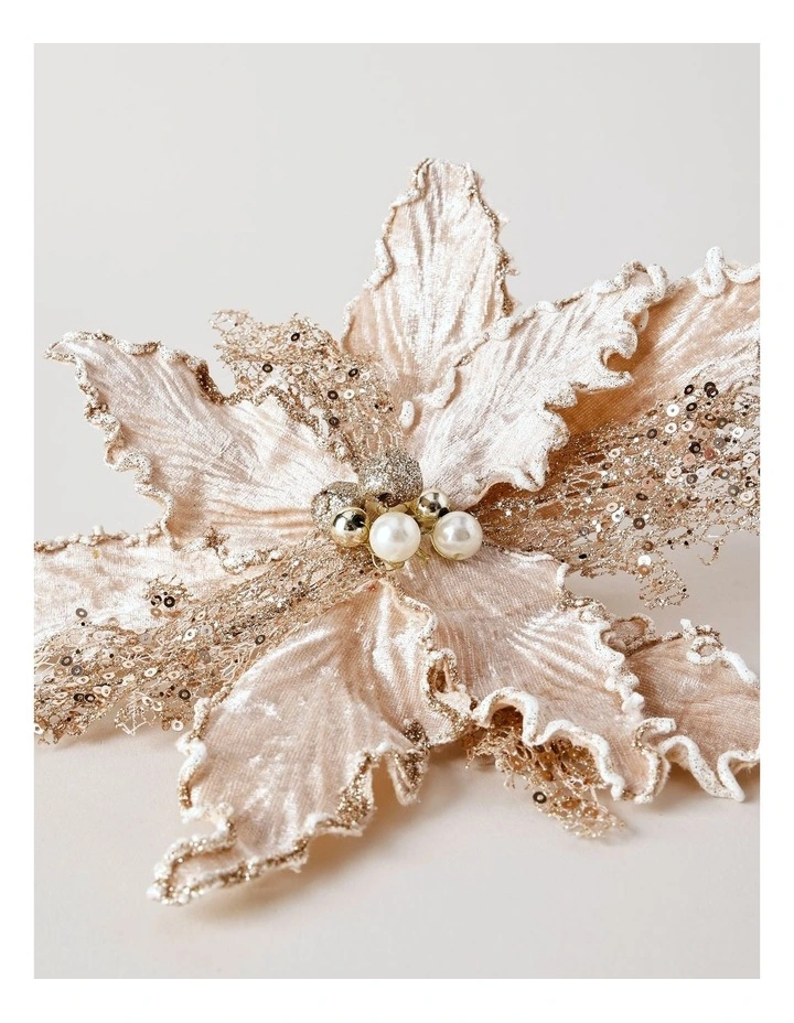 Luxe Christmas Sequin Velvet Poinsettia Clip with Bells 22.5cm in Champagne image 3