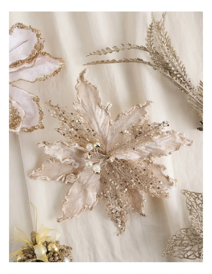 Luxe Christmas Sequin Velvet Poinsettia Clip with Bells 22.5cm in Champagne image 3