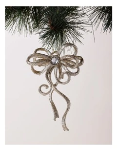 Luxe Christmas Plastic Glitter Swirl Bow Ornament 11cm in Champagne