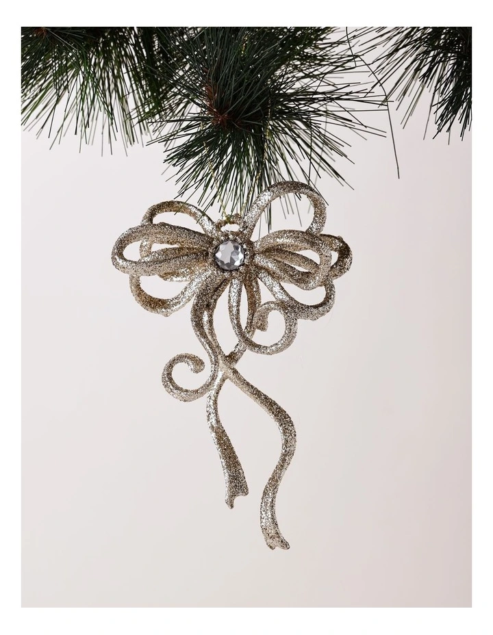 Luxe Christmas Plastic Glitter Swirl Bow Ornament 11cm in Champagne image 1