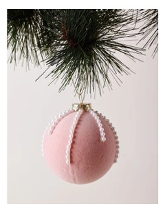 Luxe Christmas Bejewelled Plastic Flocked Bauble 8cm in Pink