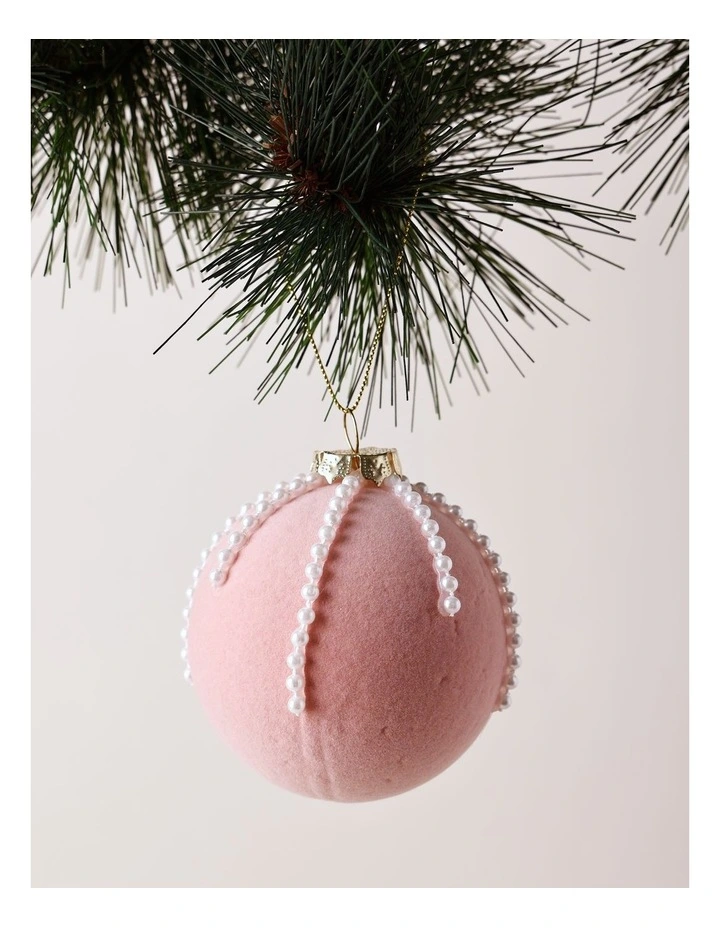 Luxe Christmas Bejewelled Plastic Flocked Bauble 8cm in Pink image 1