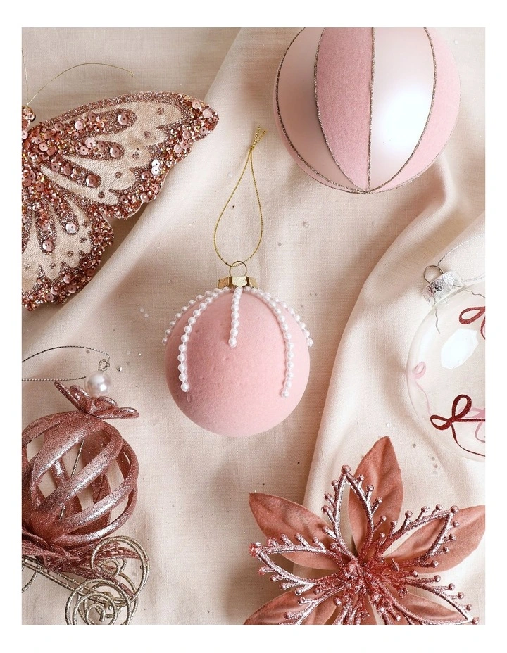 Luxe Christmas Bejewelled Plastic Flocked Bauble 8cm in Pink image 3