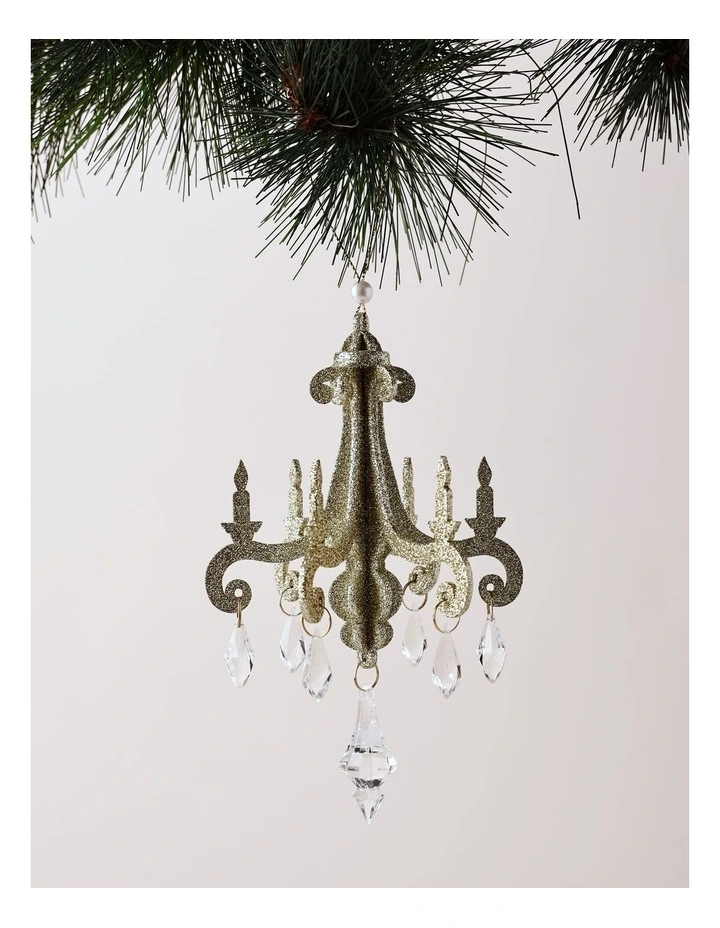 Luxe Christmas Plastic Glittered Chandelier with Pearls Ornament 18cm in Champagne image 1