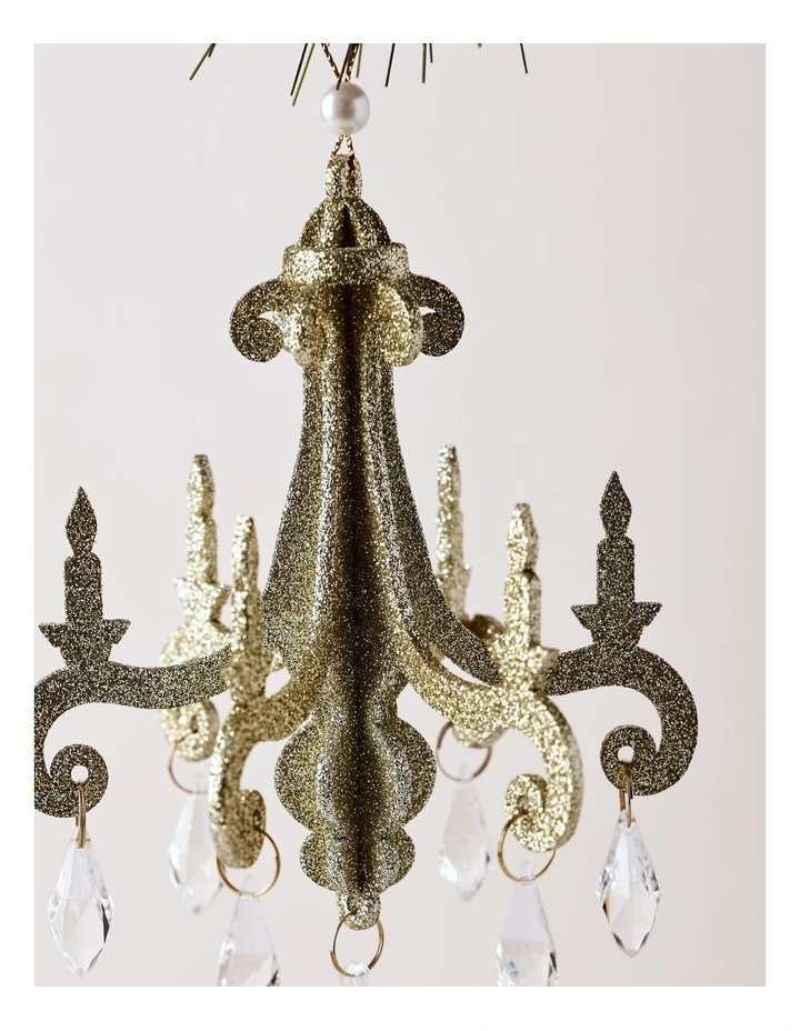 Luxe Christmas Plastic Glittered Chandelier with Pearls Ornament 18cm in Champagne image 2
