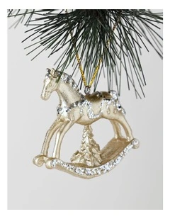 Luxe Christmas Plastic Glittered Rocking Horse Ornament 10cm in Champagne