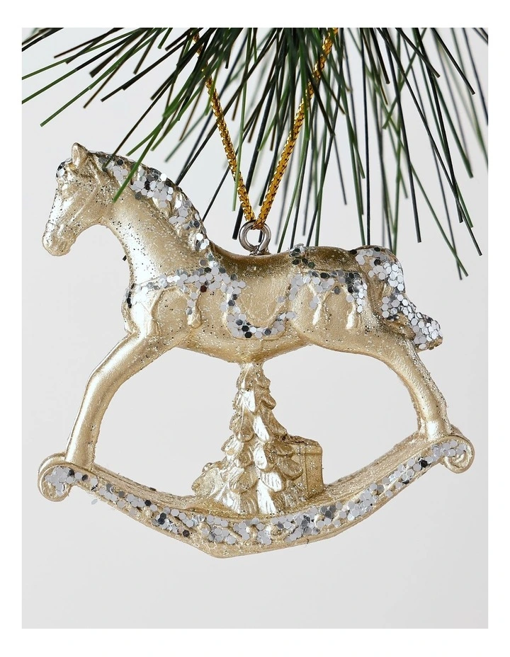 Luxe Christmas Plastic Glittered Rocking Horse Ornament 10cm in Champagne image 2