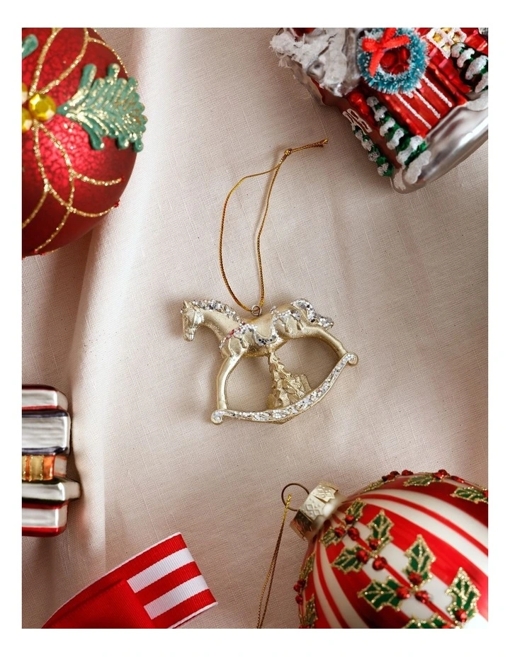 Luxe Christmas Plastic Glittered Rocking Horse Ornament 10cm in Champagne image 3