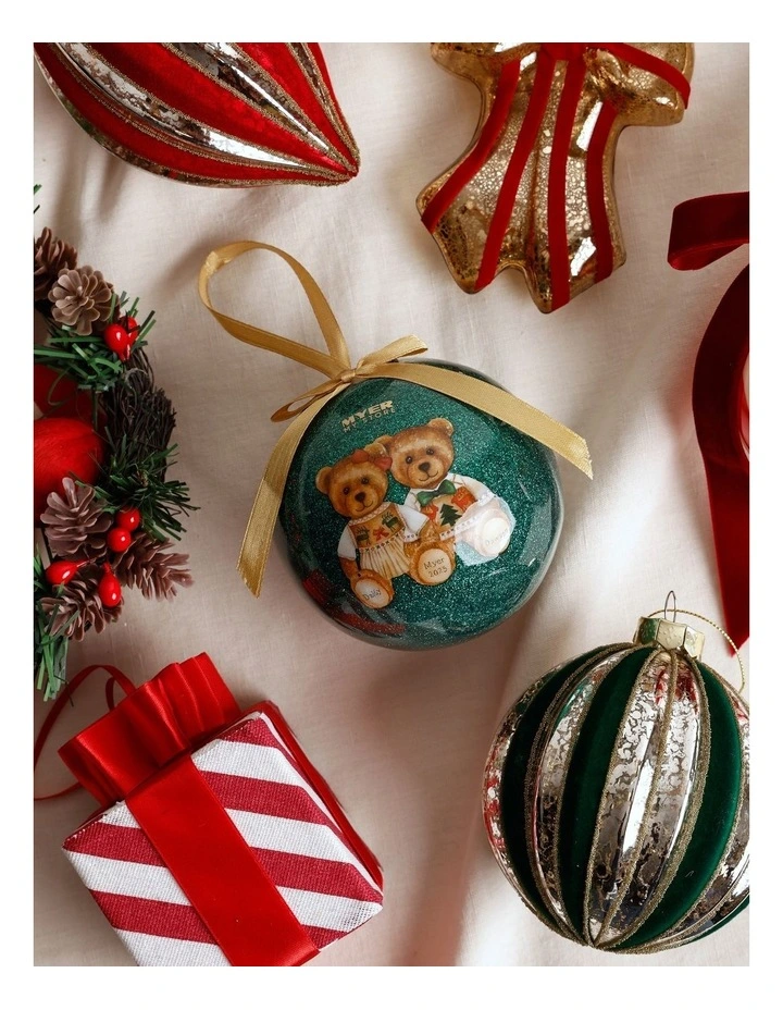 2025 Twins Christmas Charity Bear Plastic Glitter Bauble 10cm in Green image 3