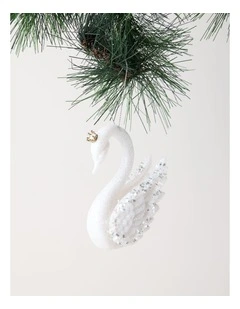 Luxe Christmas Embellished Plastic Swan Ornament 10cm in White/Silver