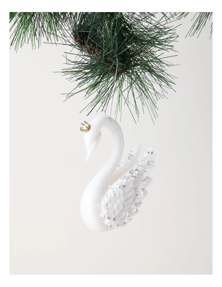 Luxe Christmas Embellished Plastic Swan Ornament 10cm in White/Silver image 1