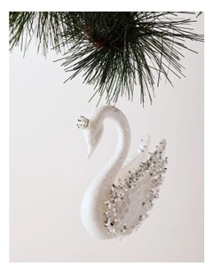 Luxe Christmas Embellished Plastic Swan Ornament 10cm in White/Silver