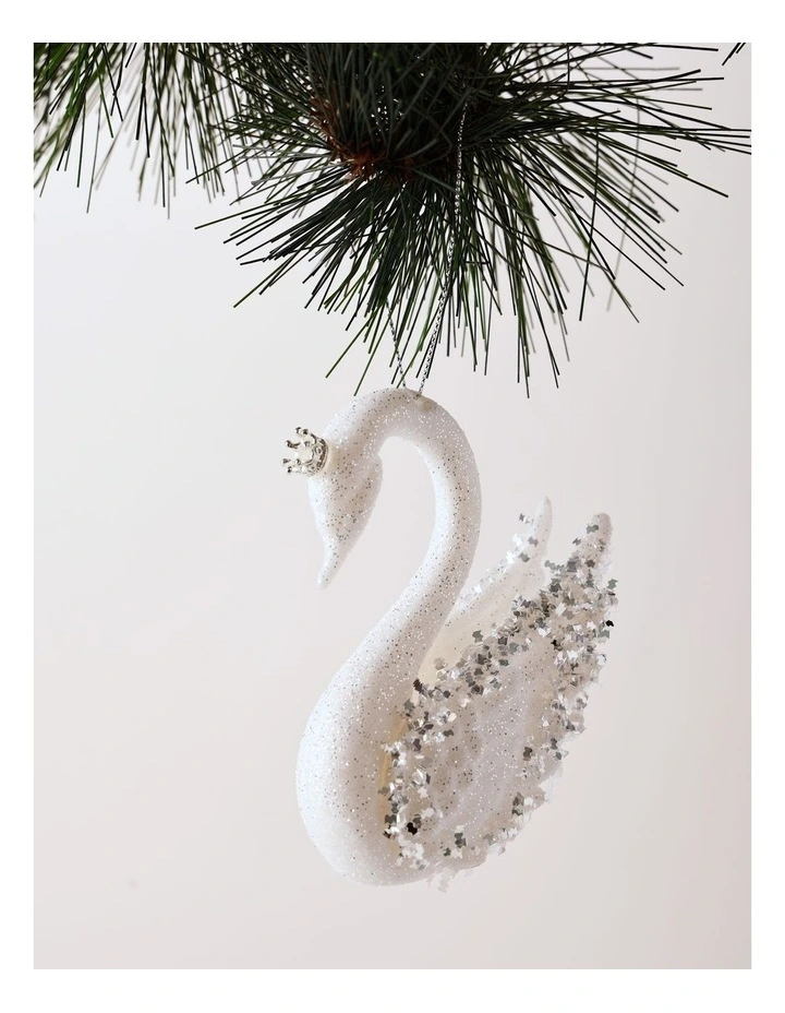 Luxe Christmas Embellished Plastic Swan Ornament 10cm in White/Silver image 1