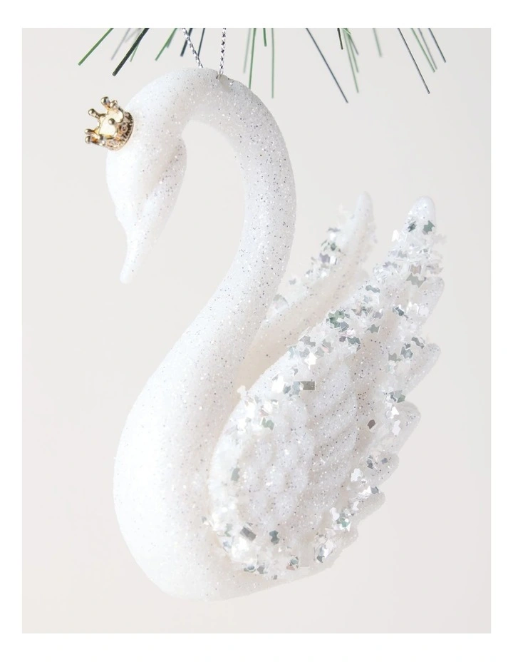 Luxe Christmas Embellished Plastic Swan Ornament 10cm in White/Silver image 2