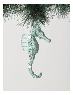 Eucalyptus Christmas Plastic Glittered Seahorse Ornament 15cm in Blue