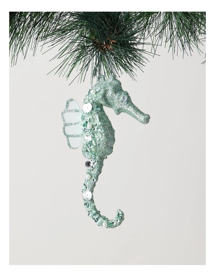 Eucalyptus Christmas Plastic Glittered Seahorse Ornament 15cm in Blue image 1