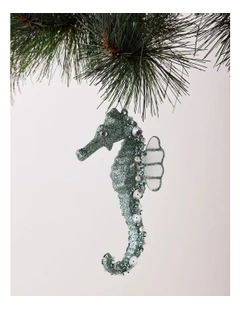 Eucalyptus Christmas Plastic Glittered Seahorse Ornament 15cm in Blue