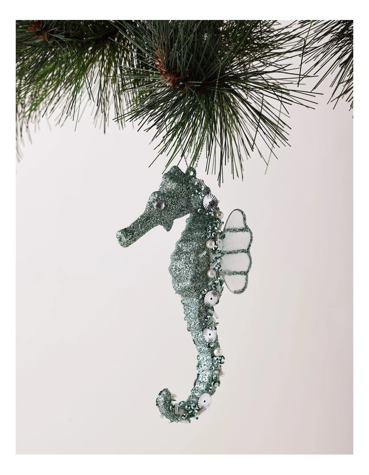 Eucalyptus Christmas Plastic Glittered Seahorse Ornament 15cm in Blue image 1