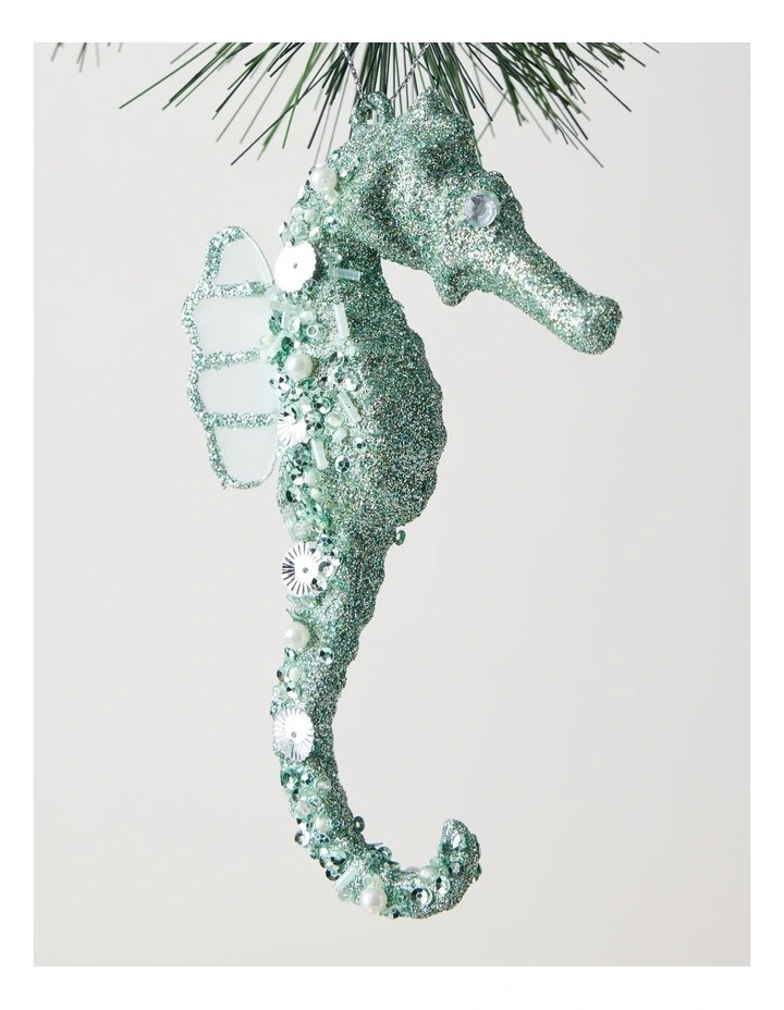Eucalyptus Christmas Plastic Glittered Seahorse Ornament 15cm in Blue image 2