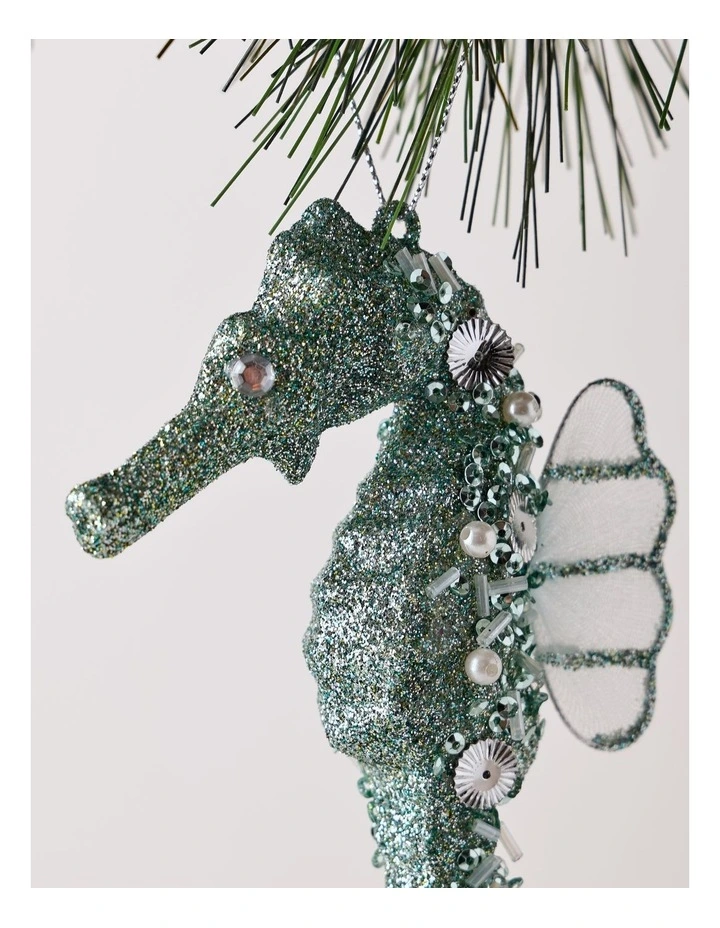 Eucalyptus Christmas Plastic Glittered Seahorse Ornament 15cm in Blue image 2