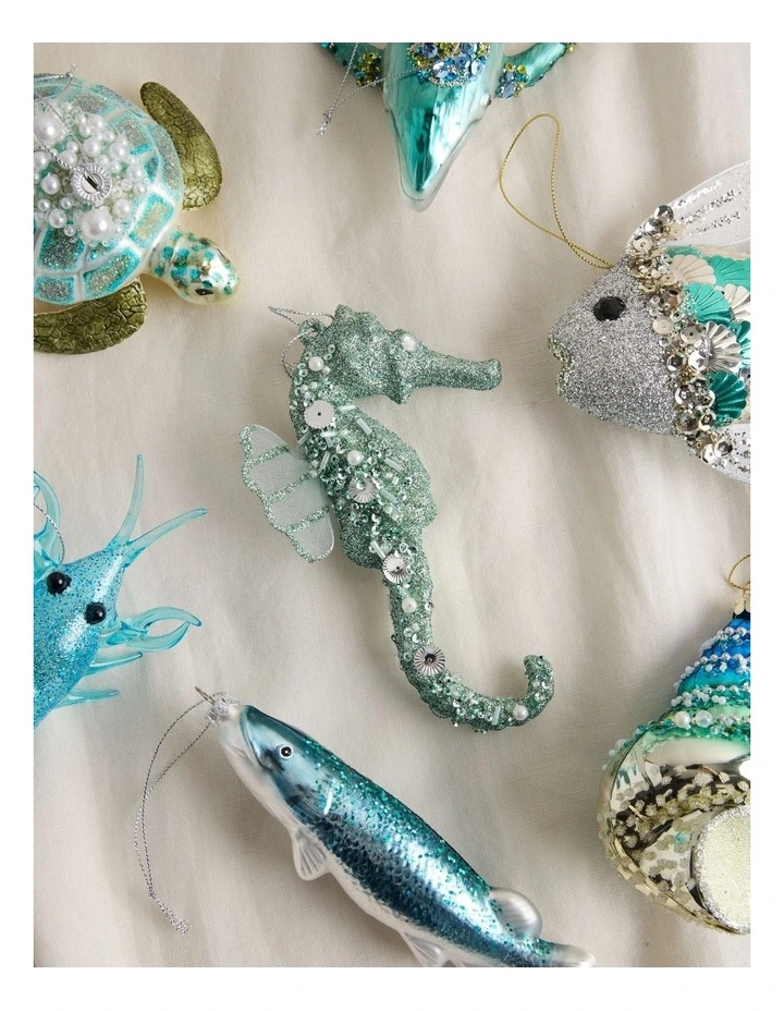 Eucalyptus Christmas Plastic Glittered Seahorse Ornament 15cm in Blue image 3