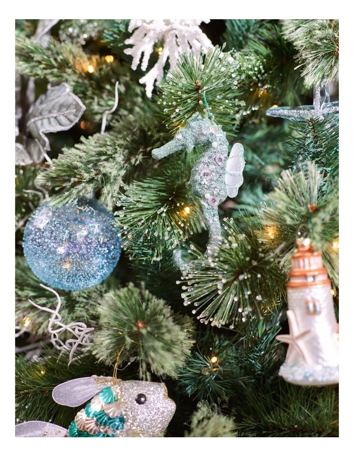 Eucalyptus Christmas Plastic Glittered Seahorse Ornament 15cm in Blue image 3