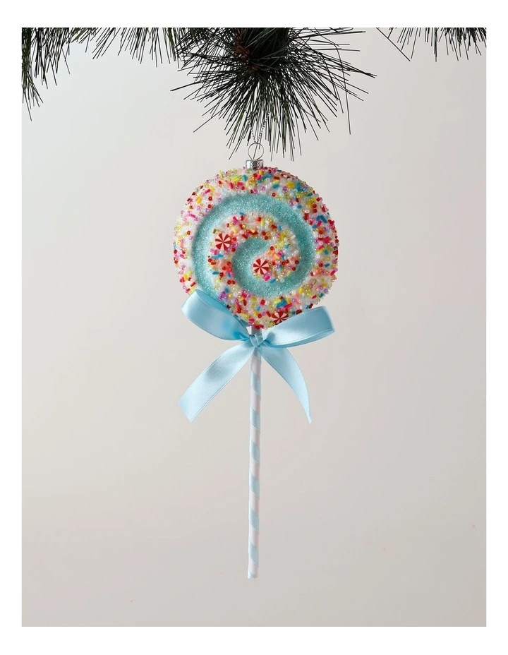 Candyland Christmas Plastic Glitter Swirl Lollipop Ornament 26cm in Blue/Sprinkle image 1