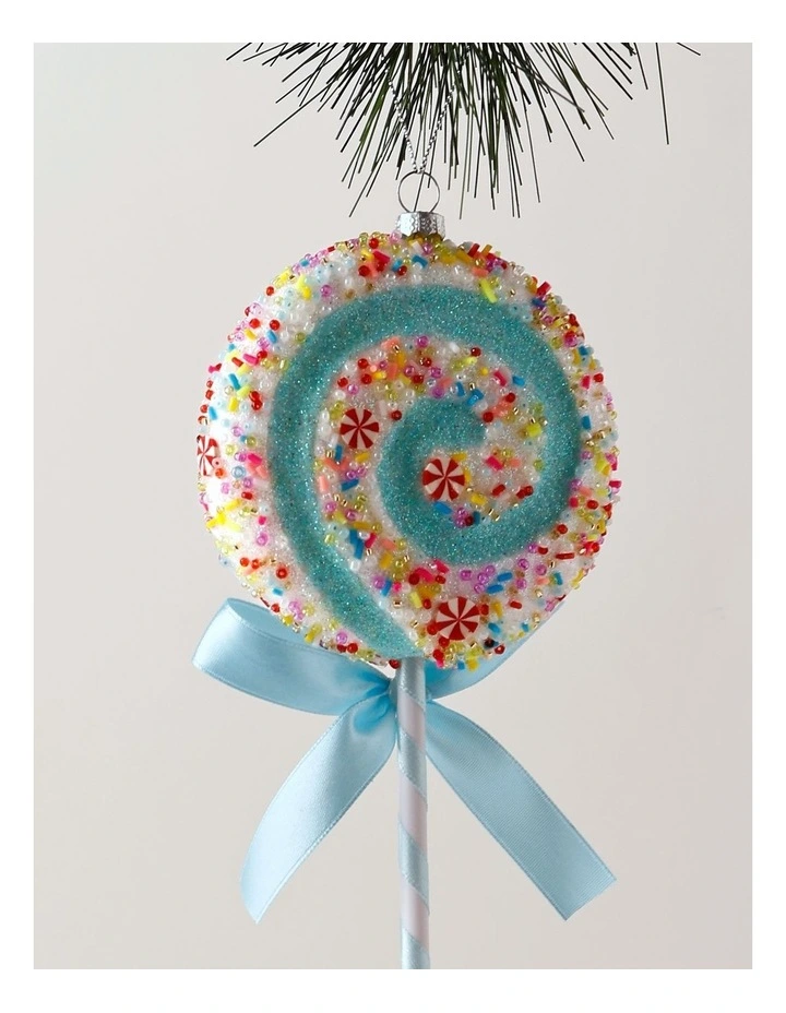 Candyland Christmas Plastic Glitter Swirl Lollipop Ornament 26cm in Blue/Sprinkle image 2