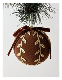 Harvest Christmas Plastic Flocked Bauble withLeaves 10cm in Brown