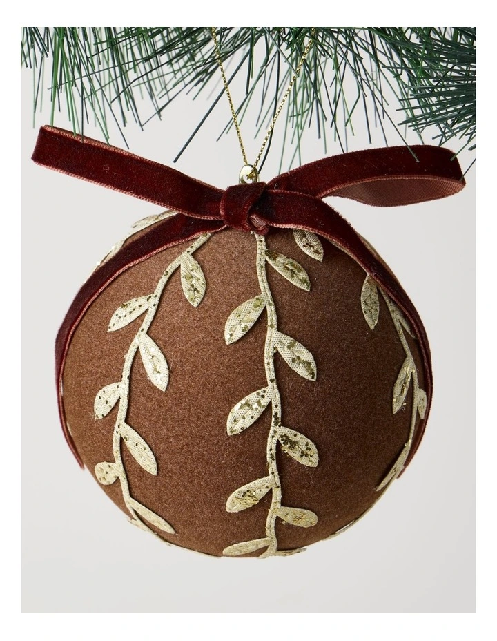 Harvest Christmas Plastic Flocked Bauble withLeaves 10cm in Brown image 2