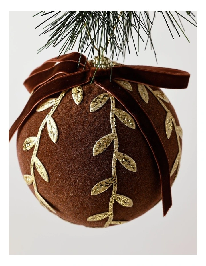 Harvest Christmas Plastic Flocked Bauble withLeaves 10cm in Brown image 2