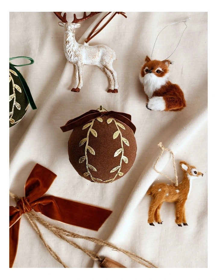 Harvest Christmas Plastic Flocked Bauble withLeaves 10cm in Brown image 3